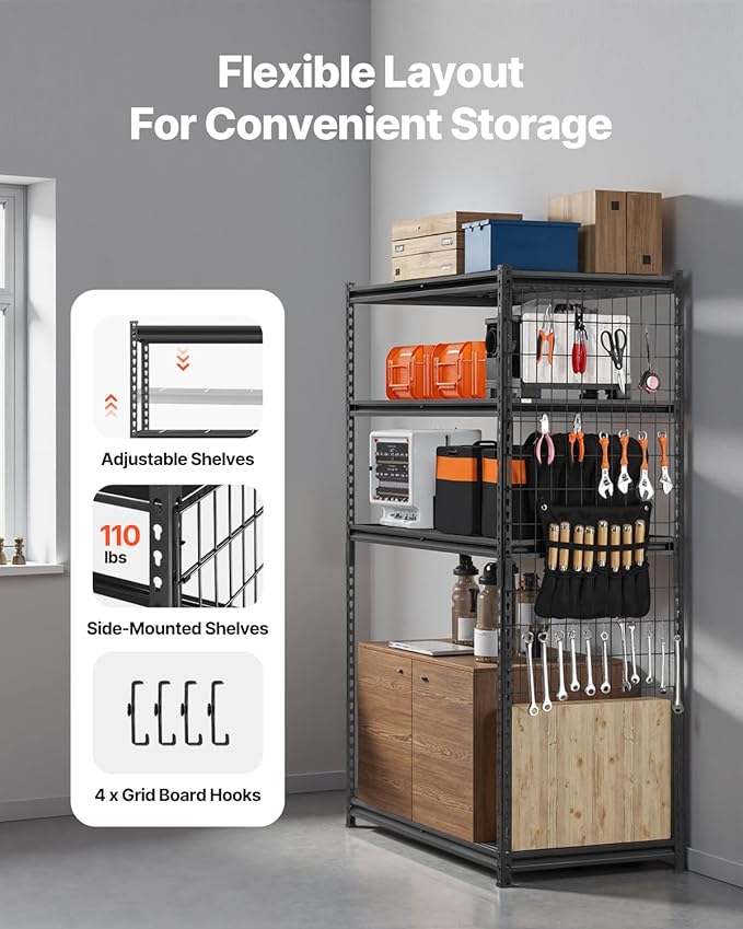 VEVOR Storage Shelving Unit, 5-Tier Adjustable, 2000 lbs Capacity, Heavy Duty Garage Shelves Metal Organizer Wire Rack, Black, 36" L x 16" W x 72" H for Kitchen Pantry Basement Bathroom Laundry Closet