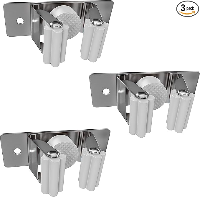 Self Adhesive Broom and Mop Holder Wall Mounted – SUS304 Stainless Steel 2-Slot Organizer with Anti-Slip Rubber Grips, 25lb Load, Adjustable for 0.6–1.4" Handles, Garage Kitchen Bathroom Use, 3 Pack