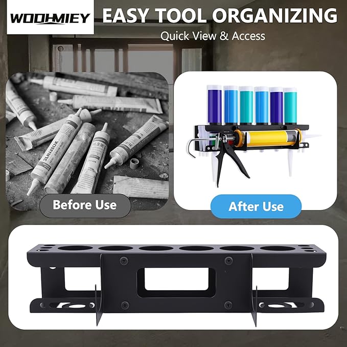 Caulking Tool Holder,Caulking Tool Storage Rack,Wall Mounted Caulk Tube Holder Sealant Organizer with 6 Tube Slots and 6 Nozzle Slots for Garage Workshop Shop