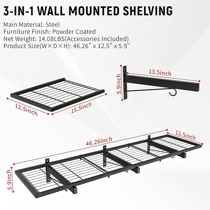 2 Pack Garage Wall Shelves, 46"X 12.5" Garage Shelving Wall Mounted, Heavy Duty Wall Shelf Organizer with 8 Hooks, Black Floating Storage Metal Rack 320 LBS Capacity for Laundry Room, Office, Basement