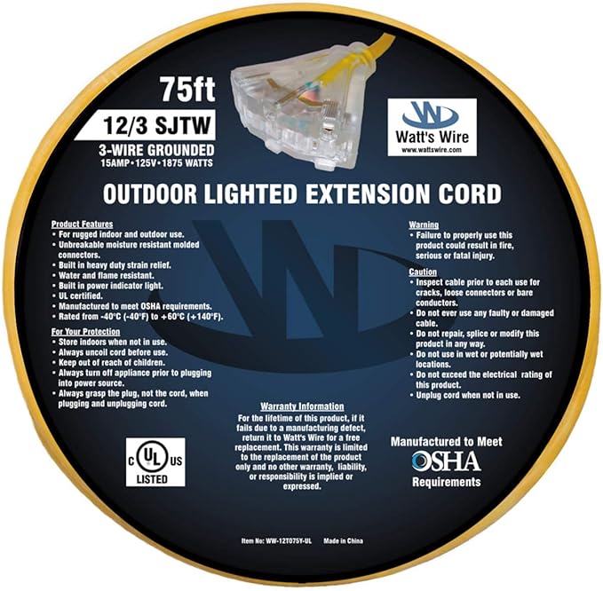 75 ft - 12 Gauge Heavy Duty Extension Cord - 3 Outlet Lighted SJTW - Indoor/Outdoor Extension_Cord by Watt's Wire - 75' 12-Gauge Grounded 15 Amp ExtensionCord