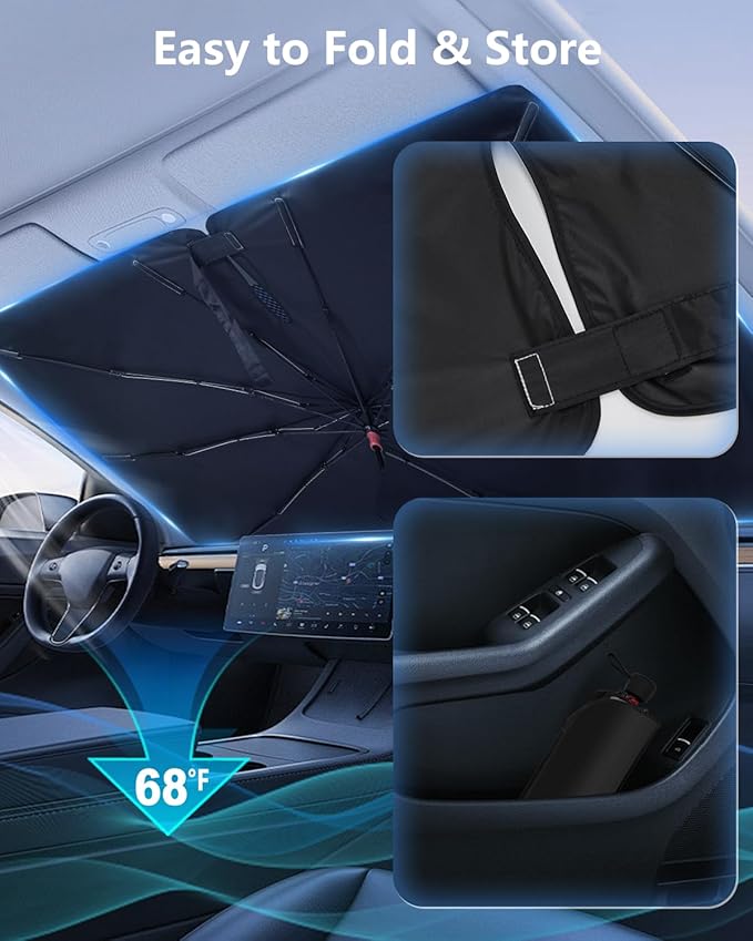 Foldable Windshield Sun Shade Umbrella – Reflective Car Window Cover for Front Windshield, Heat Blocker for SUV, Truck, Sedan – Easy Storage with Bendable Handle