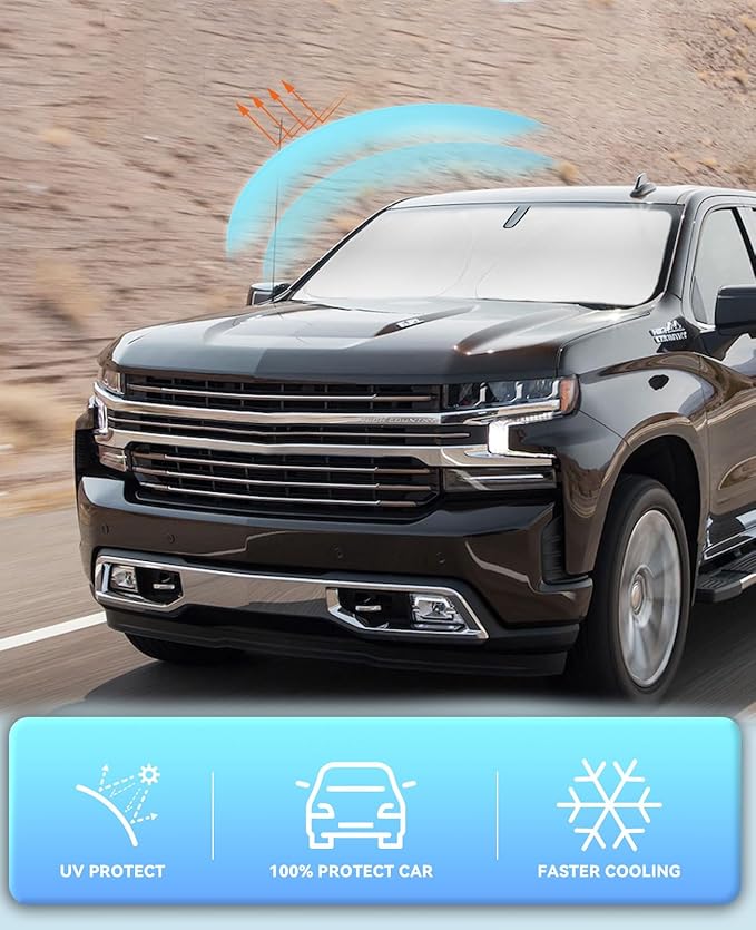Sunshade Cover for Chevy Silverado 1500 Windshield Sun Shade for 2019-2024 2025 2026 Chevy Silverado 1500, Regular cab, Crew cab, Double Cab 2Dr 4Dr Window Shields Sun Visor Protector Blocks UV Rays