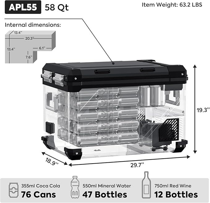 ICECO APL55 Dual Zone Portable Refrigerator Freezer Bluetooth Controlled, 55 Liter 12v refrigerator with SECOP Compressor, DC 12/24V, AC 110-240V, for Truck, Car and Home, -4℉~68℉ (Black)