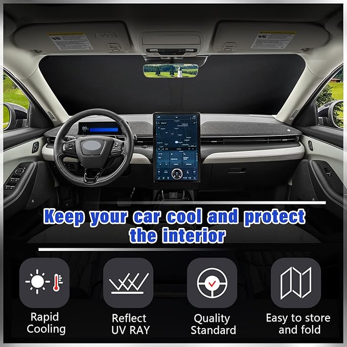 Sze Windshield Sunshade for 2021-2022 2023 2024 2025 Ford Mustang Mach-E, Foldable Front Window Sun Shade UV Reflector Sun Visor Privacy Protection Light Weight Keep Vehicle Cool-New Upgrade Sunshade