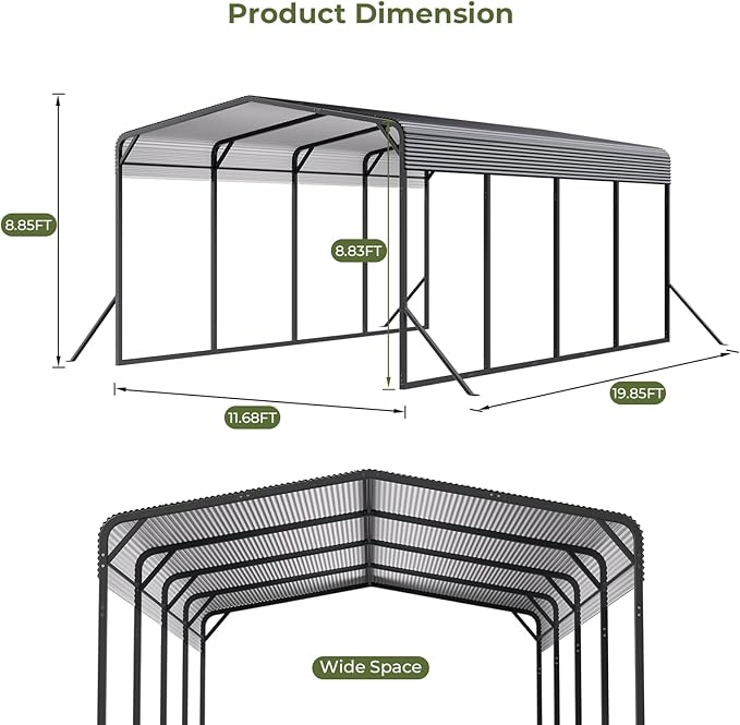 Carport 12x20 FT Heavy Duty Metal Carport, Outdoor Metal Canopy with Additional Diagonal Bars and 4 Support Feet, Car Port Garage Galvanized Shelter for Car, Boat and Tractor