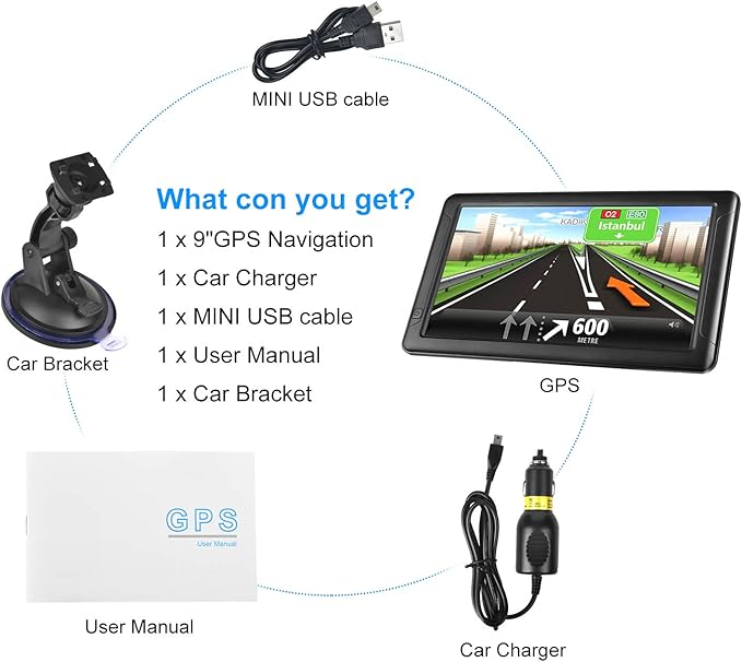 GPS Navigation for Car （9 Inch） Slimline Touch Screen Real Voice Direction ，USA Edition 2025 (Free Lifetime Updates) Turn-by-Turn Voice and Lane Guidance, Speed and Red Light Warning (American Brand)