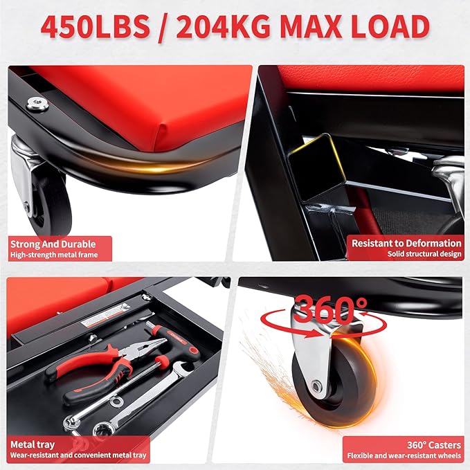 Mechanic Creeper 40 inches 2-in-1 Mode Z Seat with Tool Tray, 480lbs Capacity, Foldable Garage Adjustable Rolling with 6pcs Roller, Lay Down Sit Lean Back, Under Car Auto Repair Men Gift, Red