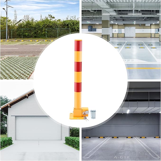 23In Q195 Iron Pipe Safety Bollard Yellow & Red Parking Barrier, Automatic Locking Folding Metal Post with Warning Stripes for Lots, Storefronts, Entrances