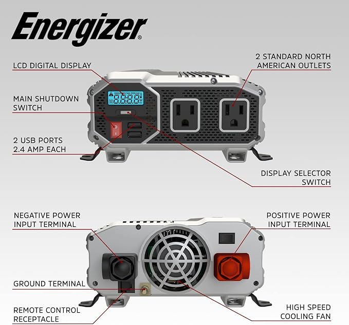 Energizer 1100 Watts Power Inverter Modified Sine Wave Car Inverter, 12V to 110 Volts, Two AC Outlets, Two USB Ports (2.4 Amp) and Battery Cables Included – ETL Approved Under UL STD 458