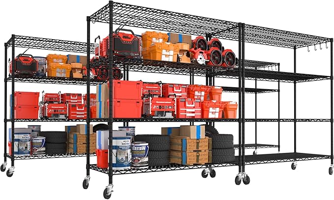 PrimeZone 5 Packs 55.5" W x 24" D x 80" H Heavy Duty Wire Storage Shelves with Wheels, 4 Tier Adjustable NSF Certified Garage Shelving Unit, Rolling Metal Organizer Shelf Rack for Warehouse, Pantry