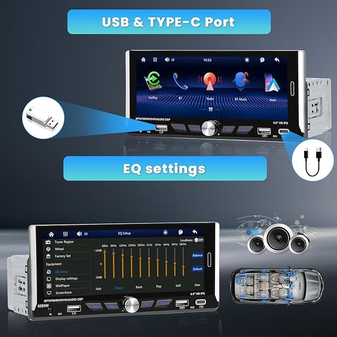 6.9 Inch Single Din Car Stereo with Wireless Carplay Android Auto, HD Touchscreen Radio Receiver with Bluetooth5.0 Audio FM/RDS EQ SWC Mirror Link USB/Type-C Port Backup Camera