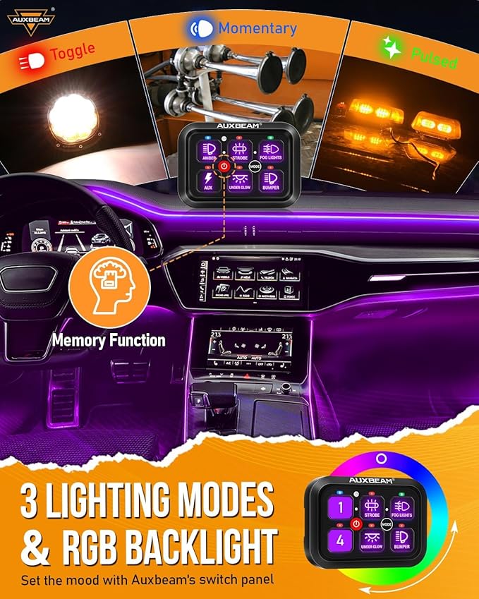 Auxbeam RGB 6 Gang Switch Panel RA60 Auto-Dimmable Switch Panel w/Momentary Toggle Pulsed Memory Function, 12-24V Switch Panel for Truck UTV Car Boat Waterproof, 2-Year Warranty