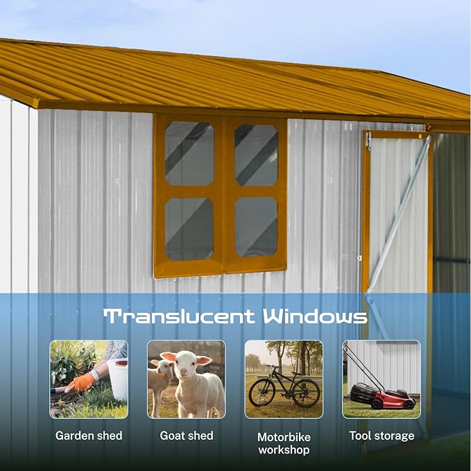 12 x 10 FT Outdoor Storage Shed, Metal Garden Tool Shed with Slooping Roof, Lockable Doors and Aluminum Frames, Easy to Assemble for Garden, Patio, Lawn, White+Yellow