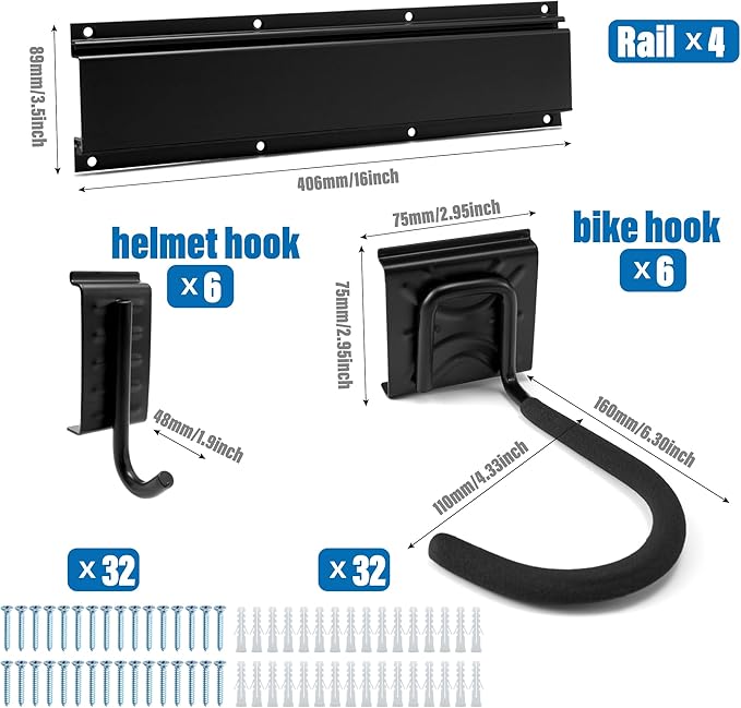 Sinoer Bike wall mount, Bicycle Wall Bracket for 6 Bike+6 Helmets, bike racks for Garage/Home, Vertical Cycling Hanger, Holder for Road Bicycles - 4 Rails