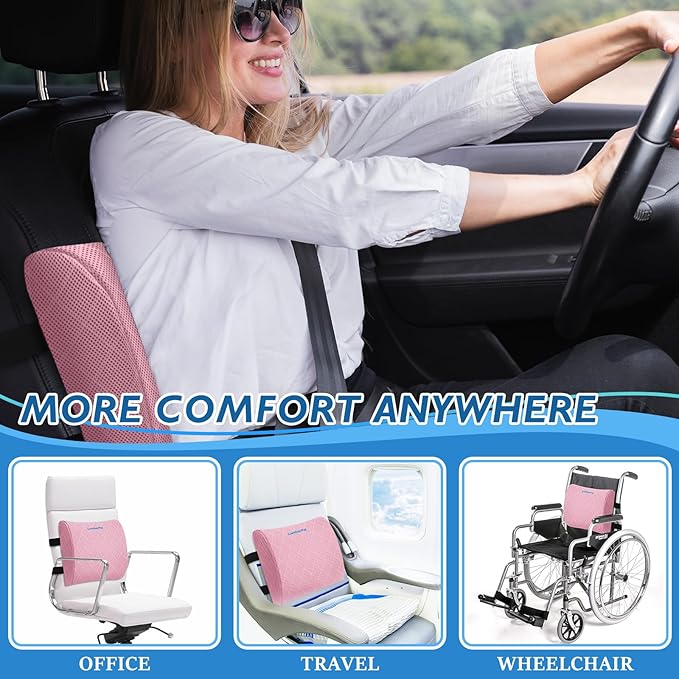 Lumbar Support Pillow for Office Chair Back Support Lumbar Pillow for Car, Gaming, Office Chair - Improve Sitting Posture & Back Pain Relief, Memory Foam, Adjustable Straps, Pink