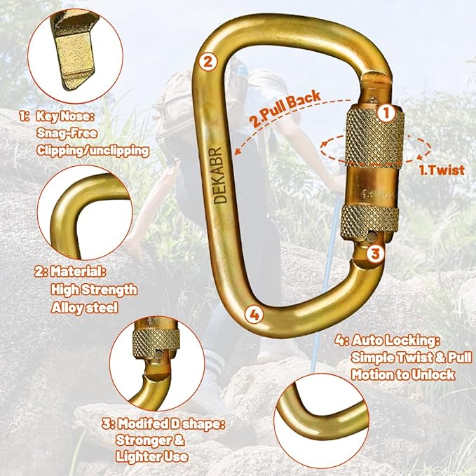 DEKABR Heavy Duty Alloy Steel Auto-Locking Climbing Carabiner - 45KN Twist Lock Carabiner for Rock and Tree Climbing, Quick Release, Rescue, and Mountaineering. ANAB Certified, 4.21-inch, Large, Gold