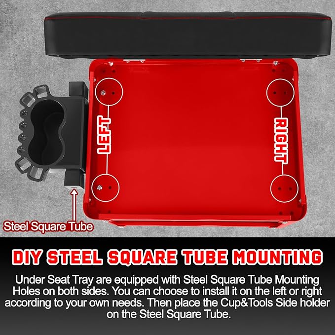 Rolling Mechanic Shop Stool with Wheels, Garage Mechanics Stool with 2 Layer Repair Tools Tray, Padded 360° Swivel Automotive Roller Creeper Seat Shop Chair, Heavy Duty, 330 LBS Capacity, Red