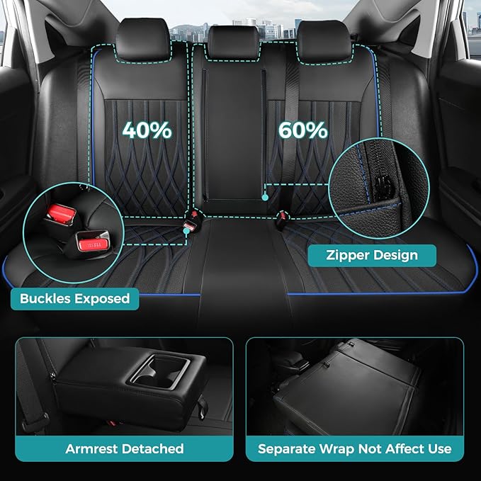 Seat Covers for Honda Civic Sedan 4DR Sedan EX 2022 2023 2024 2025.Faux Leather Car Seats Cover Full Set (Rear Row 40/60 Split & Folding Backrest)-BlackBlue