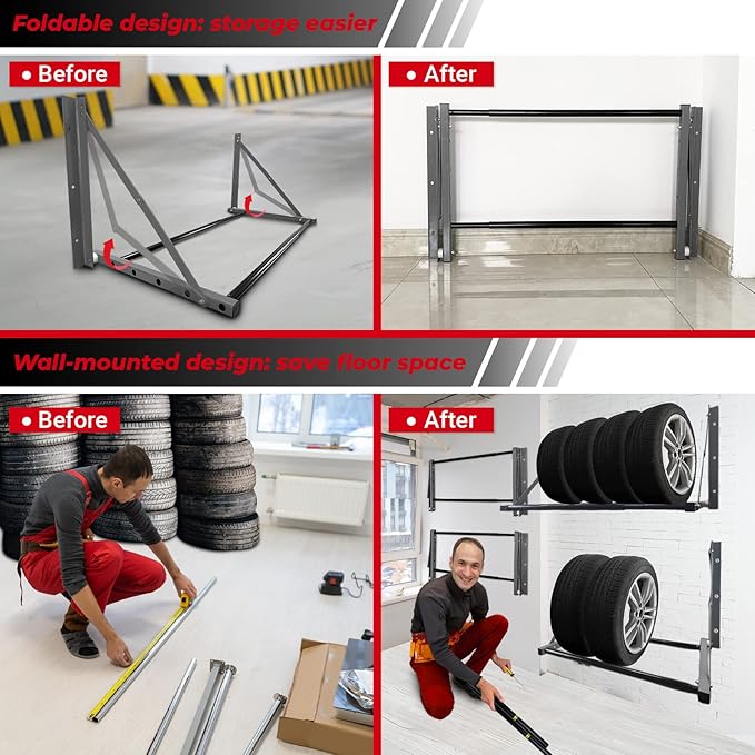 Tire Storage Rack for Garage, Folding Tire Rack Wall Mount with Heavy Duty Steel, Adjustable Multi-Tire Wheel Storage(32"-48") x 22" x 22", Grey
