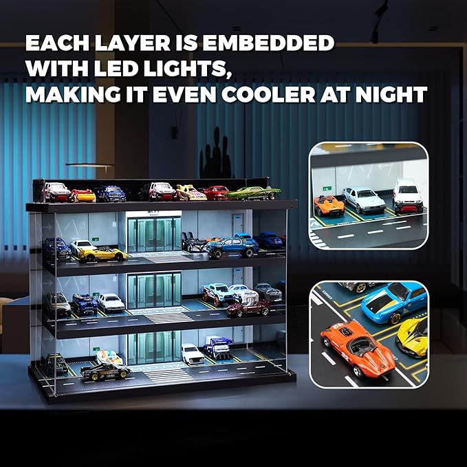 Display Case for Hot Wheels Garage & Matchbox Cars with LED Light, 1/64 Scale Diecast Toy Cars Garage, Storage Case for Hot Wheels, Parking Garage Diorama with 4 Levels Maximum 58 Cars