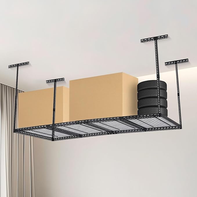 Overhead Garage Storage Rack 4x6 FT, Steel Ceiling Shelves 330lb Capacity, Height Adjustable 22-40 Inches, Space-Saving for Attic Basement Shed (Black, 4 Posts)
