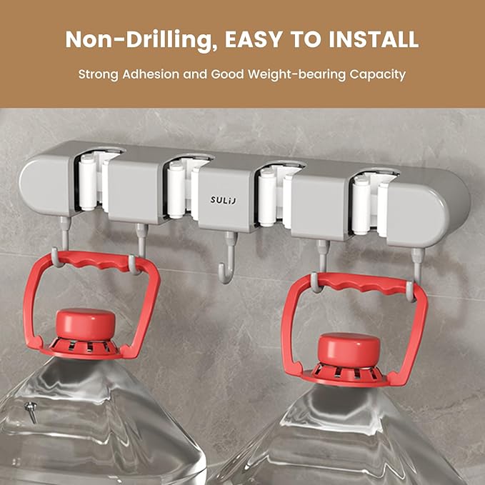 2Pcs Broom Mop Holder with Hooks Wall Mounted Broom Storage Rack No Drilling Self-Adhesive Mop Broom Organizer Mop Holder Hanger for Bathroom Office Kitchen Closet Garage,Grey (2)