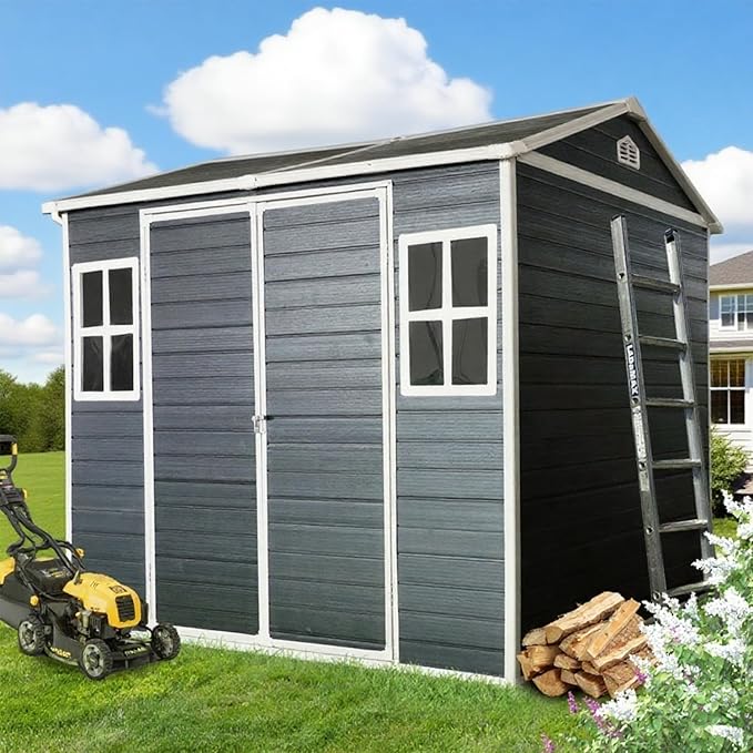 8x6 FT Outdoor Storage Resin Shed with Floor,Waterproof Plastic Garden Bike Shed with Lockable Door, Sloped Roof, Vents & Windows, Easy Assembly Tool Shed for Lawn, Backyard, Patio, Black