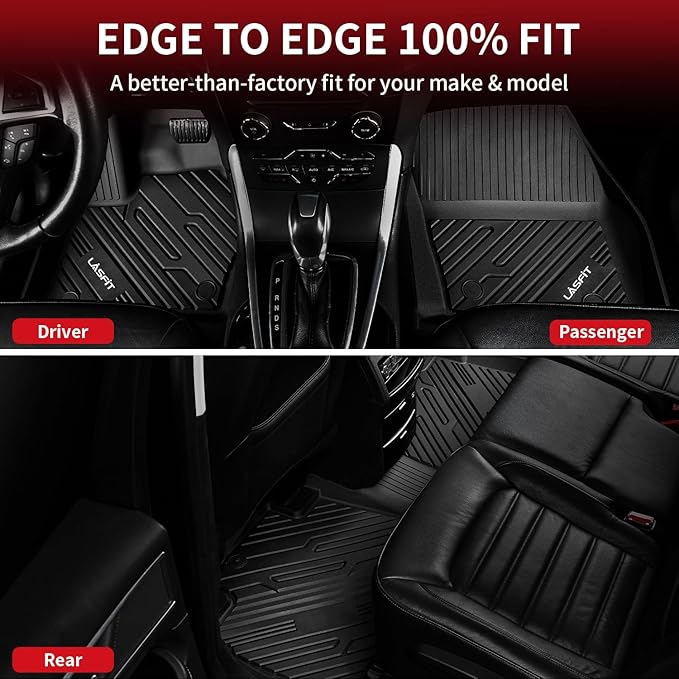 LASFIT Floor Mats for Ford Edge 2015-2024 SE/SEL/SEL Plus/Sport/ST/ST-Line/Titanium, Custom Fit TPE Car Floor Liners, 1st & 2nd Row All Weather Protector, 3pcs Black