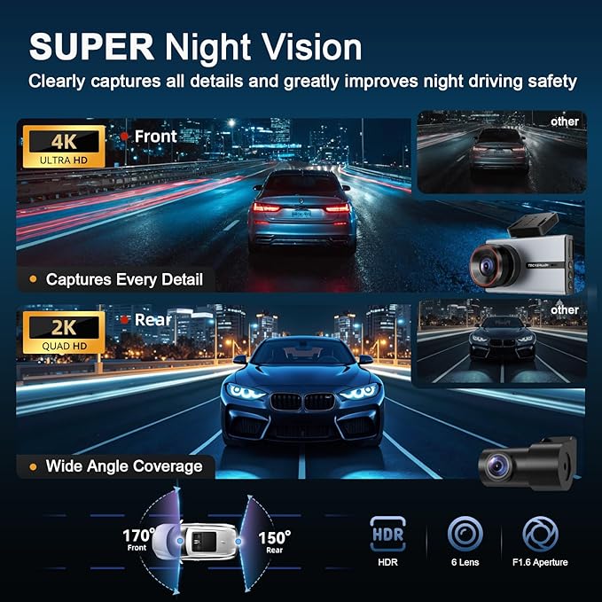 Dash Cam, 4K Dash Cam Front and Rear with ADAS, 170°/150° Wide View, Starlight Night Vision, GPS, WDR, G-Sensor, App Support, 24H Parking Mode, 64GB Card Included
