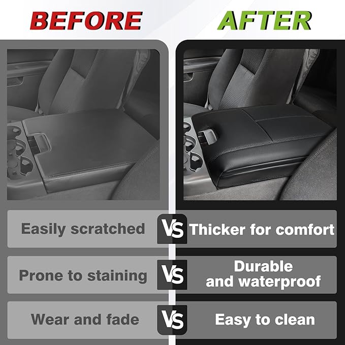 Muslogy Center Console Armrest Cover Compatible with Chevy Silverado/Tahoe & GMC Sierra/Yukon 2007-2013 Comfort Armrest Pad Arm Rest Cushion Vegan Leather Protector 1-Inch Extra Thick(Jump Seat ONLY)