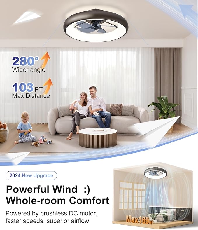 Ultra Low Profile Ceiling Fans with Lights and Remote Ultra Quiet 25 dB, 21" Modern Flush Mount LED Ceiling Fan Fandelier Ceiling Fan for Bedroom