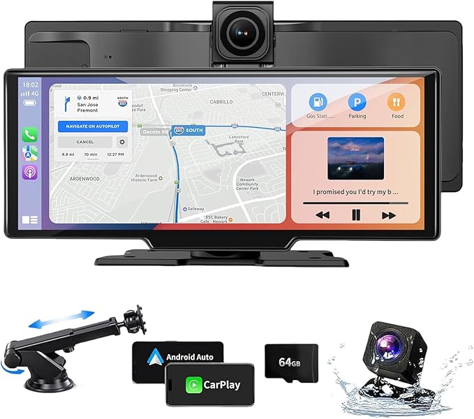 Wireless Car Stereo CarPlay Screen with 4K Dash Cam, 10.26" Apple Carplay & Android Auto Screen with 1080P Backup Camera/GPS Navigation/Mirror Link/Voice Control/Bluetooth