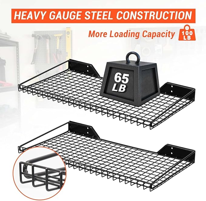Wallmaster Garage Wall Shelf 2 Pack 23.6"x11.8" Wall Mount Heavy Duty Metal Shelves Mesh Storage Rack for Garage, Office, Basement and Kithcen, max Load 65 lbs (Black)