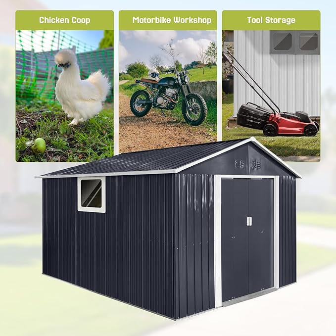 9.1' x 10.6' XL Outdoor Storage Shed, Sturdy Metal Building w/Windows & Lockable Doors for Garden, Backyard, Poolside and Lawn, Anthracite