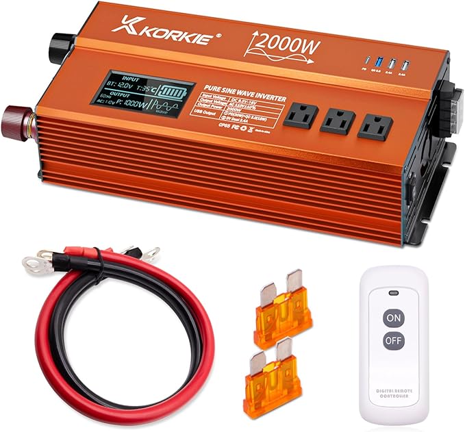 2000W Pure Sine Wave Inverter, Car Power Inverter, 12V DC to 110V, with Type-C, Dual 5.2V/2.4A USB, 3AC Outlets for Home,Camping, RV, Truck, Vehicles