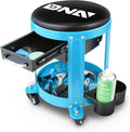 DNA MOTORING Round Mechanics Roller Seat Creeper Stool with Padded Cushion, Tool Storage Drawer & Tray, 300 Lbs Max Weight Capacity, Blue, TOOLS-00492