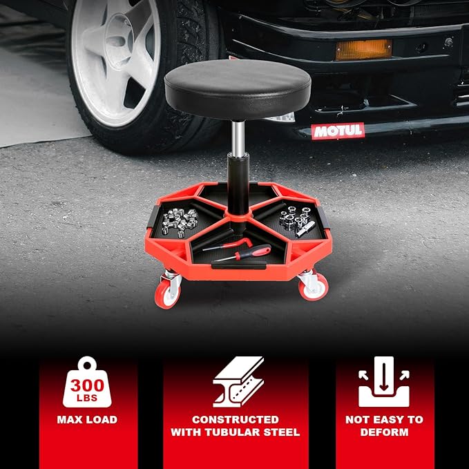 Torin ATRXF8308B Pneumatic Mechanic Stool/Rolling Shop Creeper Seat with Adjustable Height and 4 Removable Tool Trays, 300 lb Capacity, Black/Red