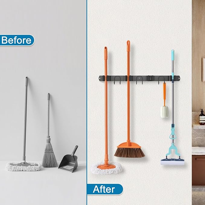 Mop Broom Holder Wall Mount, Black Stainless Steel Tool Storage Organizer for Kitchen Garden Garage Laundry Room Bathroom and RV with 4 Slots 6 Hooks