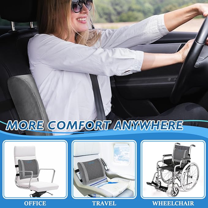 Lumbar Support Pillow for Office Chair Back Support Lumbar Pillow for Car, Gaming, Office Chair - Improve Sitting Posture & Back Pain Relief, Memory Foam, Adjustable Straps, Fluffy Grey