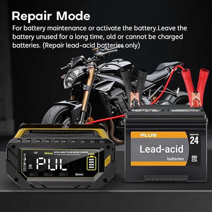 Battery Charger 0-26A 6V/12V/24V Lithium LiFePO4 Lead Acid, Fully Automatic Car Battery Maintainer, Smart Trickle Charger, Automotive w/Pulse Repair for AGM, STD, Gel, Deep Cycle Batteries ﻿