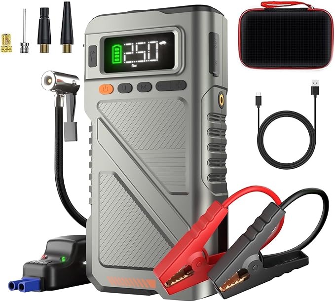 9000A Jump Starter with Air Compressor, Car Charger Portable Jump Box for Car with 150PSI Tire Inflator, Power Pack Jumpstart 12V Vehicle for All Gas/12L Diesel w/Extended Jumper Cable