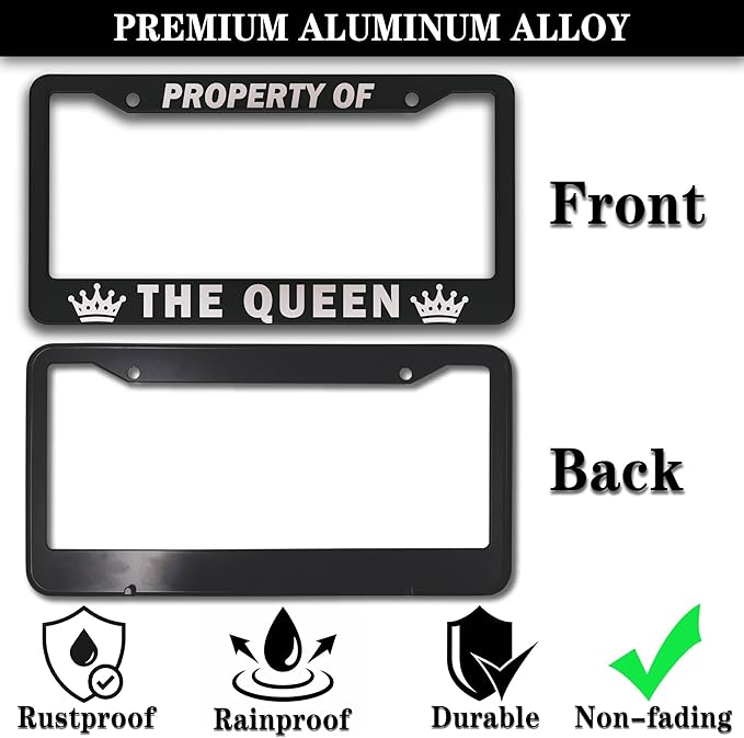 License Plate Frame Black and White License Plate Holder Property of The Queen Universal Aluminum Car Accessory 2 Pack with Screw Covers Set