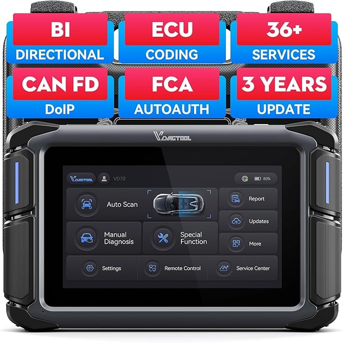 VDIAGTOOL Bidirectional Scan Tool VD70, OBD2 Scanner Diagnostic Tool with ECU Coding, 36+ Resets, PMI, FCA AutoAuth, All System, CAN FD & DoIP, V.A.G. Guide, 3-Year Update