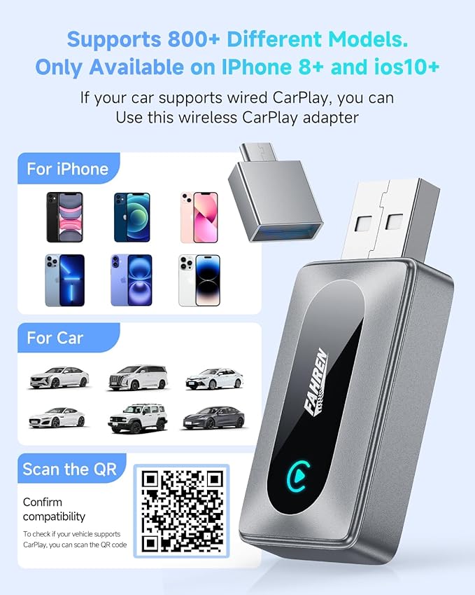 FAHREN 2025 Upgraded Wireless CarPlay Adapter for iPhone,Bluetooth & WiFi Connection,Compatible with iOS 10+ & car from 2016+,No Lag,Includes Type-C Adapter & Extension Cable USB A.