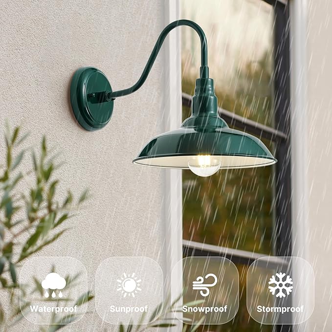 10'' Dome Outdoor Gooseneck Barn Light Fixture with Wall Mount, Green Exterior Porch Barn Door Lighting, Farmhouse Style Outside Porch Gooseneck Wall Sconce for Patio, Yard, Garage, House