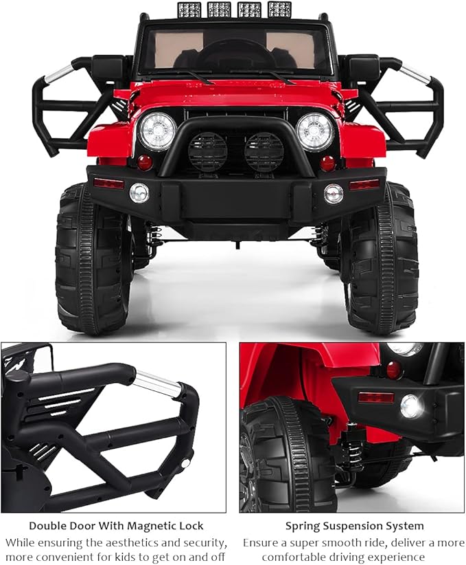 Costzon Ride On Car, 12V Battery Powered Electric Ride On Truck w/Parental Remote Control, LED Lights, Double Open Doors, Safety Belt, Music, MP3 Player, Spring Suspension (Red)