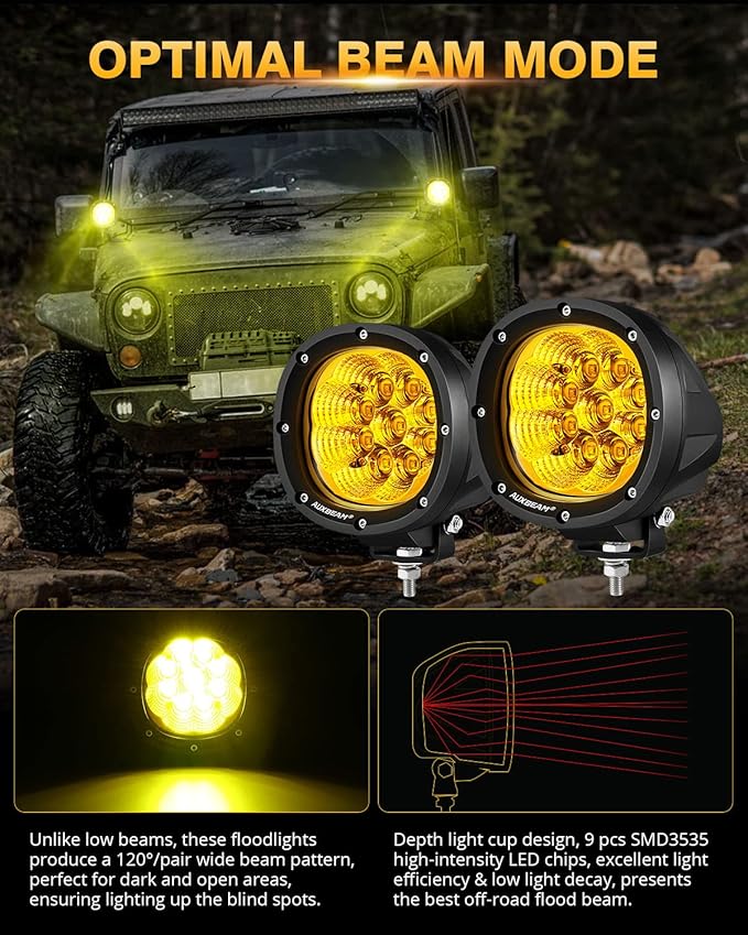 Auxbeam P4 Series Flood Beam Amber Round Light Pods, 4 Inch 90W Yellow Flood Light Bar Backup Reverse, LED Offroad Lights Automotive Work Lights Super Bright Fog Lamp, Pair