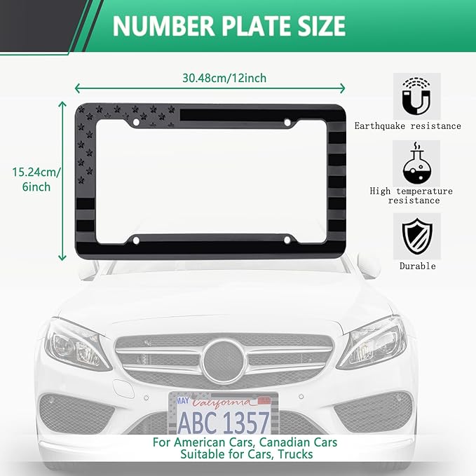 Black American Flag License Plate Frame- Front Rear Patriotic USA ‌Car Tag Frames, 2 Pack 4 Hole Subdued 3D Embossed Stars and Stripes Plastic Holder with Mounting Hardware Kit