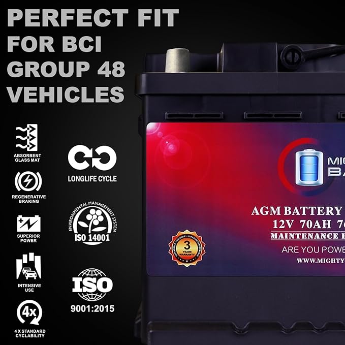 Mighty Max Battery MM-H6 Start and Stop Car BCI Group Size 48 12V 70 AH, 120RC, 760 CCA Rechargeable AGM Car Battery